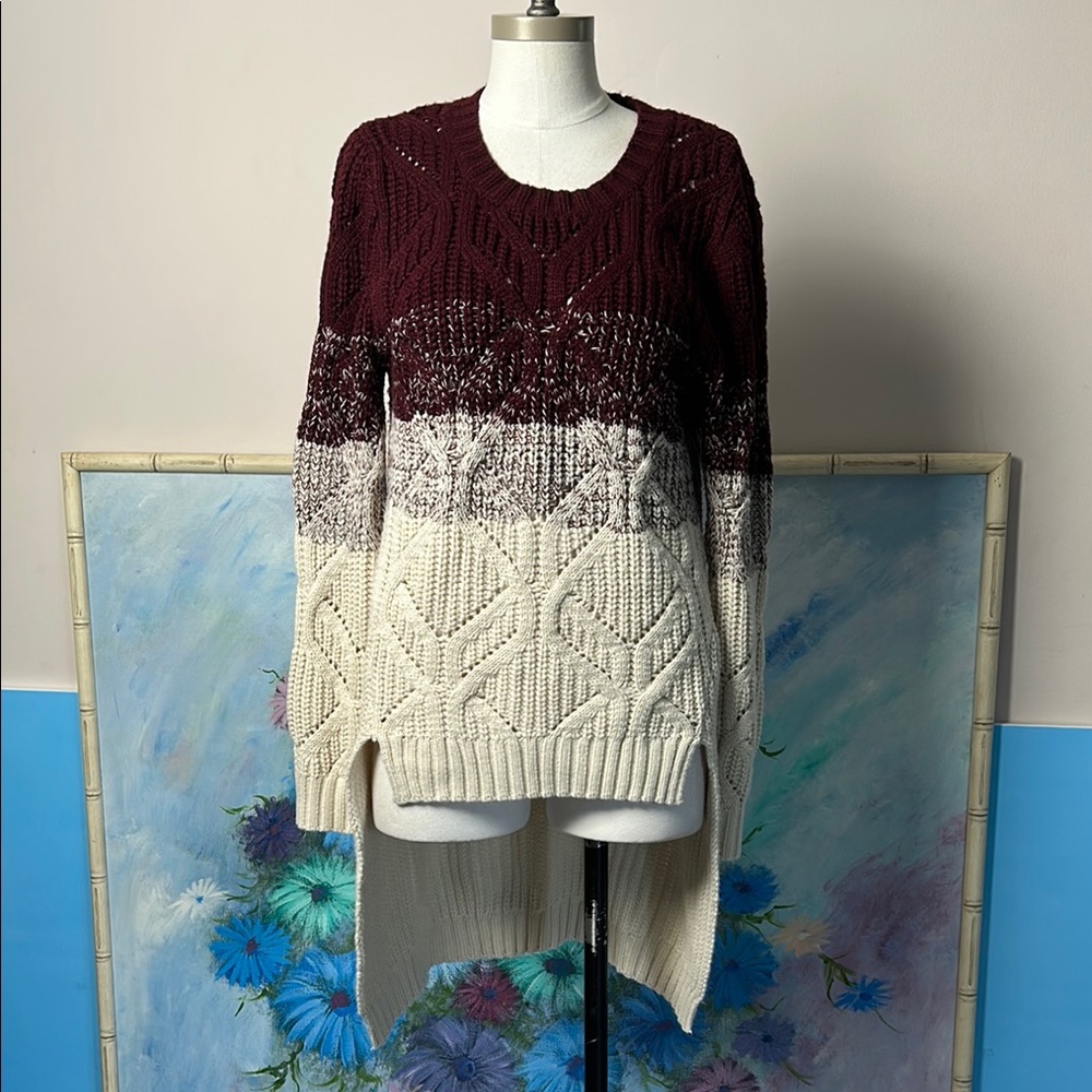 Burgundy and Cream Crew Neck Sweater with Cable Knit M/ L sw2